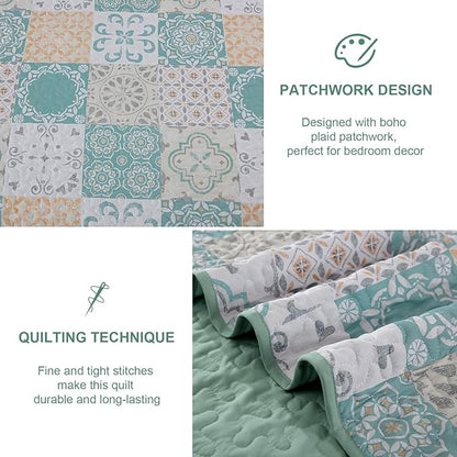 Dobuyly Patchwork Quilt Set Queen Size 3 Pieces Sage Green Yellow Boho Plaid Bedspreads, Summer Plaid Floral Coverlet Set, Soft Lightweight Microfiber Quilted Bedding Set for All Seasons 96"x90"
