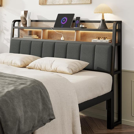 Queen Headboard Only with Storage, Upholstered Headboards for Queen Size Bed with LED Light, Charging Station, Height Adjustable, Sturdy and Stable Headboard, Black & Brown