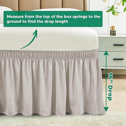 Biscaynebay Wrap Around Bed Skirts for Queen Beds 15" Drop, Camel Grey Adjustable Elastic Dust Ruffles Easy Fit Wrinkle & Fade Resistant Silky Luxurious Fabric Machine Washable
