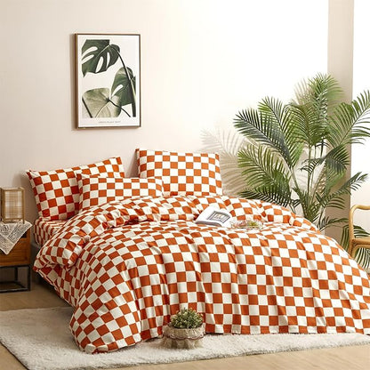 CLOTHKNOW Orange Plaid King Size Comforter Set 3Pcs Grid Bedding Comforter Sets Soft Lightweight Caramel Comforter King Checker Comforter