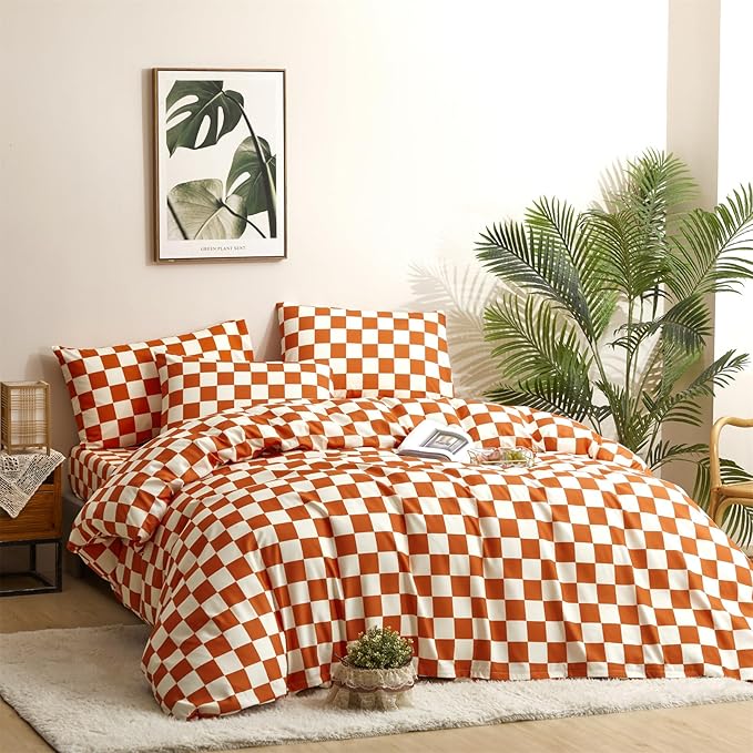 CLOTHKNOW Orange Beige Plaid Twin Comforter Set Grid Bedding Comforter Sets Soft All Checker Comforter with 2 x Pillow Cases