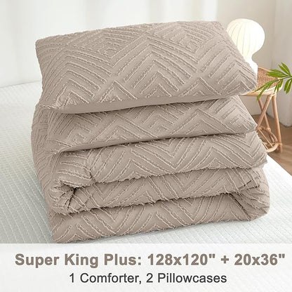 Litanika Super King Plus Comforter Light Coffee, 3 Pieces Tufted Boho Farmhouse Bedding Comforter Set, Lightweight Fluffy All Season Comforter Set (120x128In Comforter & 2 Pillowcases)