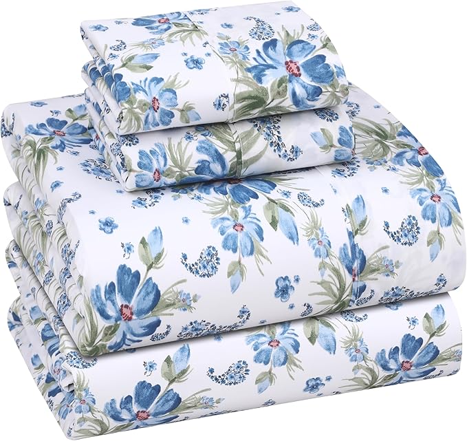 RUVANTI 100% Cotton Sheets – Full Size Percale Bedding, Cooling & Breathable Floral Design, Durable with a Crisp, Soft & Comfortable Feel, 16" Deep Pocket, 4-Piece Set, Paislyona
