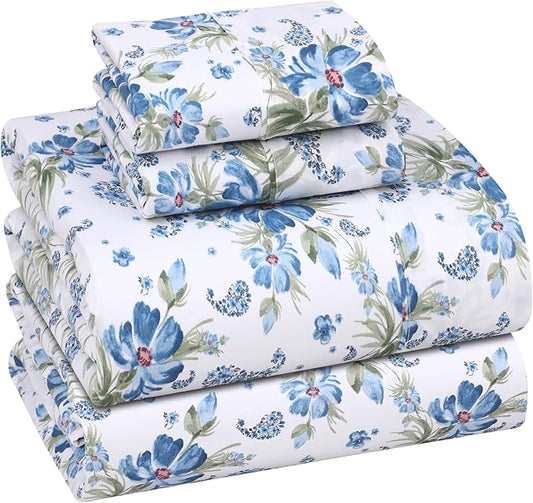 RUVANTI 100% Cotton Sheets Queen Size Set, 4 Pieces, Soft & Breathable Percale Weave Bedding, Deep Pocket 16", Hotel Standard, Crisp Cool Feeling, Durable, Perfect Floral Bed Sheet, Paislyona