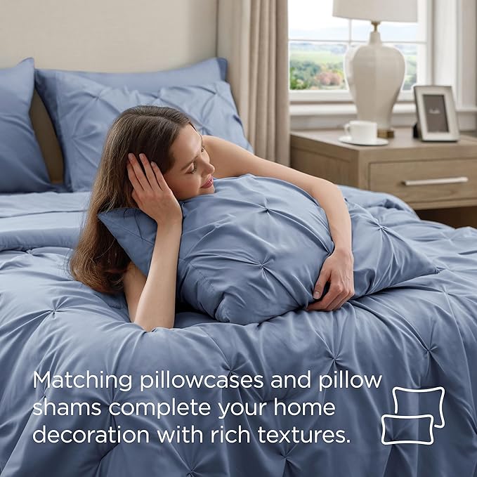 Bedsure Twin Comforter Set Slate Blue - Bed in a Bag Twin Size Bedding 5 Pieces, GentleSoft™ Pintuck Bed Set Gift for Family, Pinch Pleat Slate Blue Comforter with Sheets, Pillowcase & Sham