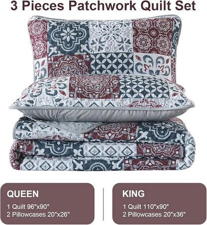 Dobuyly Patchwork Quilt Set King Size Boho Plaid Bedspread Red Grey Quilt Coverlet Set, 3 Pieces Soft Microfiber Lightweight Farmhouse Summer Bedding Set for All Seasons 110"x90"