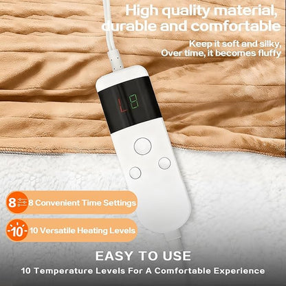 Electric Heated Blanket Twin Size 62''x84'' -Control Heating Blanket, Soft & Warm Flannel 10-Level Temperature Control, 8 Hours Auto Off, Rapid Heating & Overheat Protection