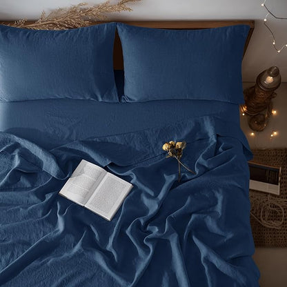 LBRO2M 100% Pure Linen Sheet Set Deep Pocket Up to 16" Bed Sheets Sets, Natural Flax Beddings Soft, Breathable, Comfortable for All Seasons 4 Pcs Sheet Set Full Size, Navy Blue