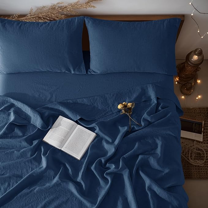 LBRO2M 100% Pure Linen Sheet Set Deep Pocket Up to 16" Bed Sheets Sets, Natural Flax Beddings Soft, Breathable, Comfortable for All Seasons 4 Pcs Sheet Set Queen Size, Navy Blue