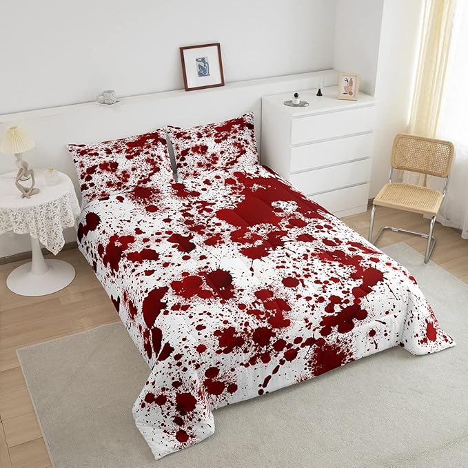 Red Tie Dye Comforter Set Queen Size,Halloween Decor Bedding Set 3pcs for Kids Teens Adults Bedroom,Gothic Horror Style Quilt Set Cartoon Hand Painted Graffiti Duvet Insert with 2 Pillowcases