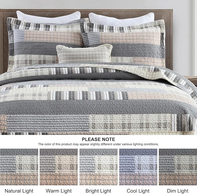PANGUSHAN Quilt Set Queen Size, 100% Cotton Quilt Bedding Set Bedspreads, Patchwork Plaid Farmhouse Reversible Lightweight Comforter Bed Spread for Queen Bed, Gray/Brown, 3 Pieces