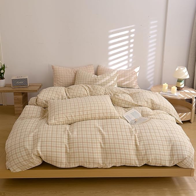EAVD Vintage Style Brown&Green Grid Plaid Duvet Cover Queen Soft 100% Washed Cotton Chic Checkered Gingham Bedding Set with 2 Pillowcases Farmhouse Gingham Duvet Cover with Zipper Closure