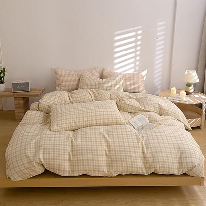 EAVD Vintage Style Brown&Green Grid Plaid Duvet Cover King Soft 100% Washed Cotton Chic Checkered Gingham Bedding Set with 2 Pillowcases Farmhouse Gingham Duvet Cover with Zipper Closure