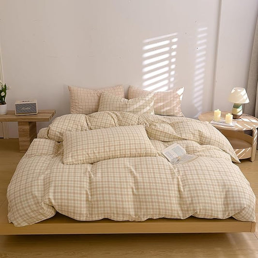 EAVD Vintage Style Brown&Green Grid Plaid Duvet Cover King Soft 100% Washed Cotton Chic Checkered Gingham Bedding Set with 2 Pillowcases Farmhouse Gingham Duvet Cover with Zipper Closure