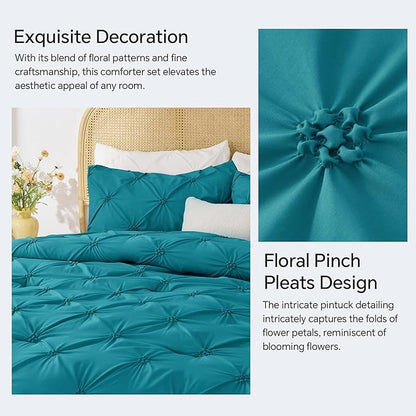 BEDELITE Teal Queen Comforter Set - 3 Pieces Boho Pintuck Bedding Comforter Sets, Lightweight Soft & Warm Bed Comforter Queen with 2 Pillowcases for All Season