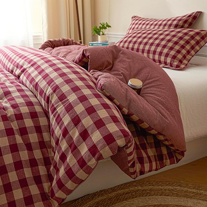 Cyusri Cotton Plaid Full Comforter Set - Soft Lightweight Bedding 3 Pieces Dyed Bed Set with 2 Pillow Shams,Reversible All Season Farmhouse Down Alternative(Full Size 80"x90" Retro Red)