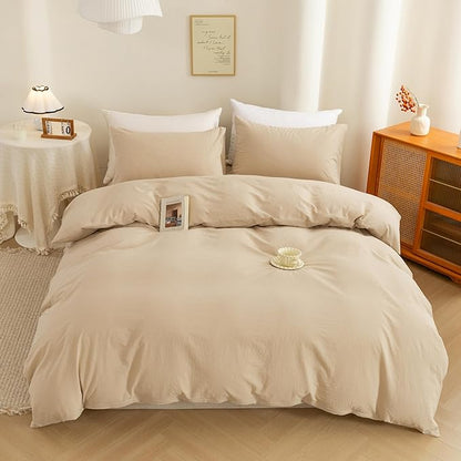ECOCOTT 100% Washed Cotton Duvet Cover Full Size – Soft & Breathable Linen Feel Bedding Set, 3 Pieces Khaki Comforter Cover with Zipper Closure for All Seasons