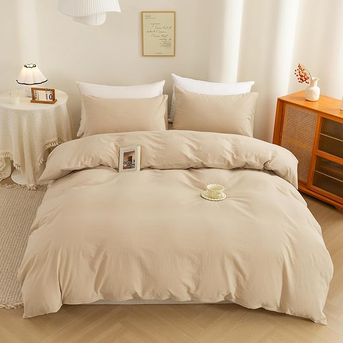 ECOCOTT Duvet Cover King Size, 100% Washed Cotton 1 Duvet Cover with Zipper and 2 Pillowcases, Ultra Soft and Easy Care Breathable Cozy Simple Style Bedding Set(Khaki, King)