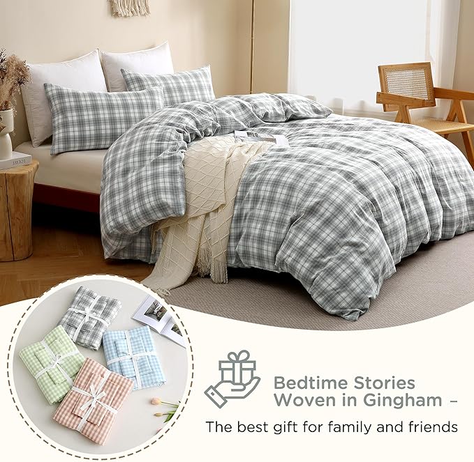 TOCOMOA Plaid Duvet Cover Set 100% Washed Cotton Like Linen Feel Super Soft Comfy 3 Piece Grey and Green Gingham Checkered Bedding Comforter Cover Set (Queen 90"x90", Comforter Not Included)