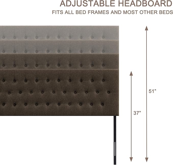 Tufted Upholstered Headboard Full Size, Adjustable Height 37- 51 in, Brown | Sturdy and Durable Solid Wood Full XL Headboard, Fabric Full Headboard Only, Modern Button Diamond Design Head Board