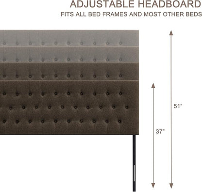 Tufted Upholstered Headboard Queen Size, Adjustable Height 37- 51 in, Brown | Sturdy and Durable Solid Wood Bed Headboard, Fabric Queen Headboard Only, Modern Button Diamond Design Head Board