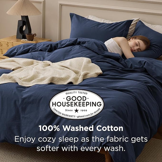 Bedsure 100% Washed Cotton Duvet Cover Full Size - Navy Minimalist Bedding Set Linen Like - PureWoven Plain Simple & Soft Comforter Cover for All Seasons (Navy, Full, 80"x90")