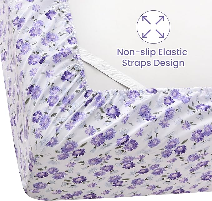 Softan Puple Floral Queen Sheet Set, 4-Piece Microfiber Printed Fitted Sheet with 15" Deep Pockets & Non-Slip Straps, White Flower Patterned Bedding Sheets & Pillowcase Set