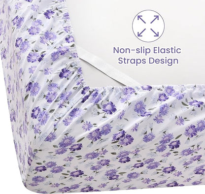 Softan Puple Floral Full Sheet Set, 4-Piece Microfiber Printed Fitted Sheet with 15" Deep Pockets & Non-Slip Straps, White Flower Patterned Double Bedding Sheets & Pillowcase Set