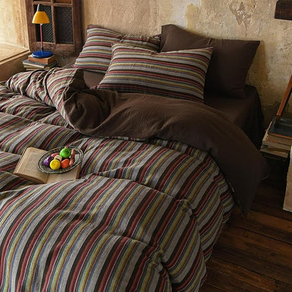 EAVD Retro Striped Duvet Cover Set Full Soft 100% Cotton Muslin Bohemian Colorful Vertical Striped Bedding Set with 2 Pillowcases Rustic Farmhouse Style Geometric Pattern Duvet Cover with Zipper