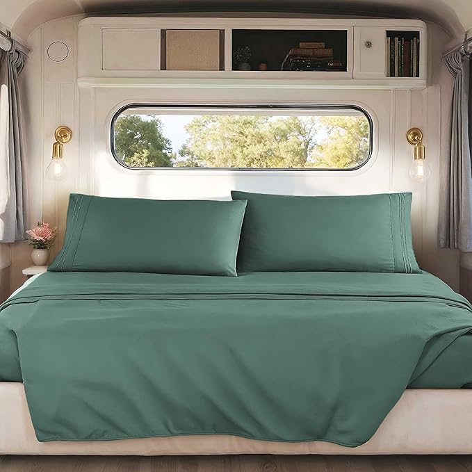 Clara Clark RV Short Queen Sheets - Hotel Luxury 6 Piece Bed Sheets for Short Queen Size Bed - Soft Bedding Sheets & Pillowcases, Fits Low Mattress up to 10 inch deep. Short Queen, Forest Green
