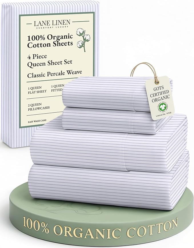 LANE LINEN 100% Organic Cotton Sheet Sets Queen Size, 4Pc Queen Size Cotton Sheets, Hotel Style Sheets, Bedding Sheets & Pillowcases, Queen Sheet Sets Deep Pockets Fits Upto 15" - Blue Ticking Stripe