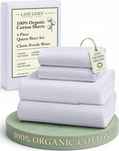 LANE LINEN 100% Organic Cotton Sheet Sets Queen Size, 4Pc Queen Size Cotton Sheets, Hotel Style Sheets, Bedding Sheets & Pillowcases, Queen Sheet Sets Deep Pockets Fits Upto 15" - Blue Ticking Stripe