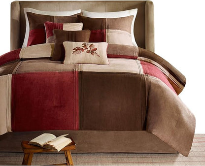 Madison Park Cozy Comforter Set Casual Blocks Design All Season, Matching Bed Skirt, Decorative Pillows, Cal King(104"x92"), Red Brown, 7 Piece