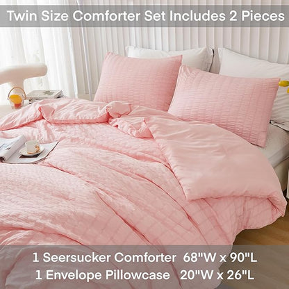 AveLom Blush Pink Seersucker Twin/Twin XL Comforter Set (68x90 inches), 2 Pieces-100% Soft Microfiber Lightweight Comforter with 1 Pillowcase, All Season Down Alternative Comforter Set for Bedding