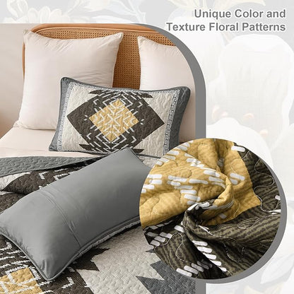 Dintszyayue Boho Quilt Set King Size, Grey Aztec Texture Bedspread Set, 3 Pieces Texture Southwestern Gray Bedding Set, Soft Lightweight Coverlet Set for All Season Bedding with 2 Pillowcases