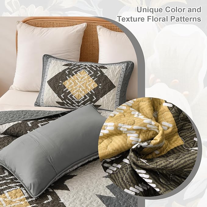 Dintszyayue Grey Boho Quilt Set Queen, Aztec Western Quilt Bedspread Set, 3 Pieces Texture Bedspread Southwestern Bedding Set, Soft Lightweight Coverlet Set for All Season with 2 Pillowcases