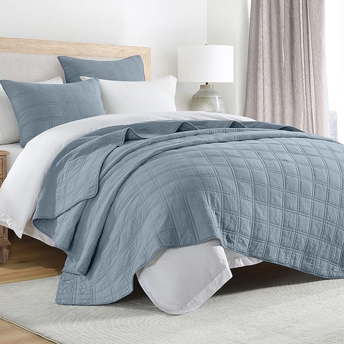 HORIMOTE HOME 100% Cotton Quilt Set King Size, Adriatic Blue Pre-Washed Bedspreads Coverlet Set in Geometric Pattern, Cozy Lightweight Stitching Decorative Bedding Cover with 2 Shams for All Season