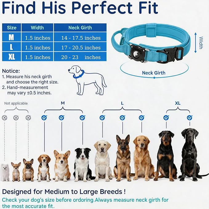 Tactical Dog Collar, Adjustable Military Training Nylon Dog Collar with Control Handle and Heavy Metal Buckle for Medium and Large Dogs, with Smart ID tag and Airtags Case (Blue,M)