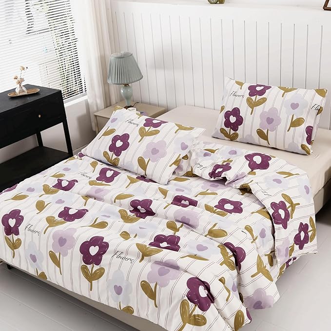 SDIII Purple Floral Comforter Set Full 3 Pieces, Soft Microfiber Lightweight Vintage Floral Comforter Full, Vintage Bedding Set for All Season