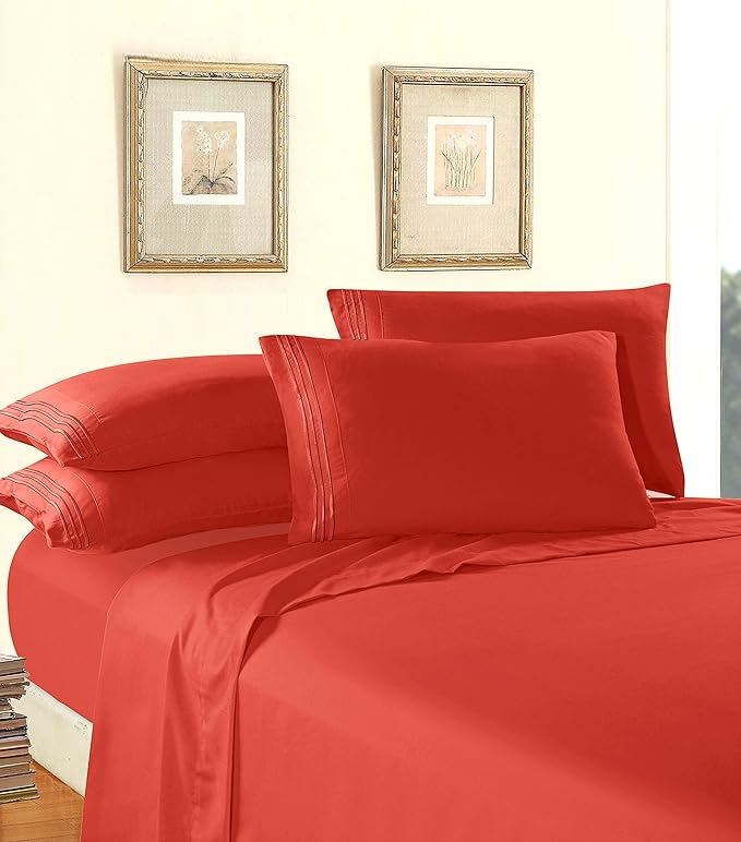 Elegant Comfort Luxury 1500 Premium Hotel Quality Microfiber 5-Piece Sheet Set - Wrinkle Resistant, All Around Elastic Fitted Sheet, Deep Pocket up to 16", Split King, Rust