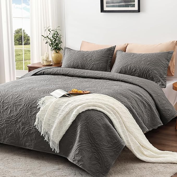EXQ Home Quilt Set Full Queen Size Grey 3 Piece,Lightweight Soft Coverlet Mandala Flower Pattern Bedspread Set for All Season(1 Quilt,2 Pillow Shams)