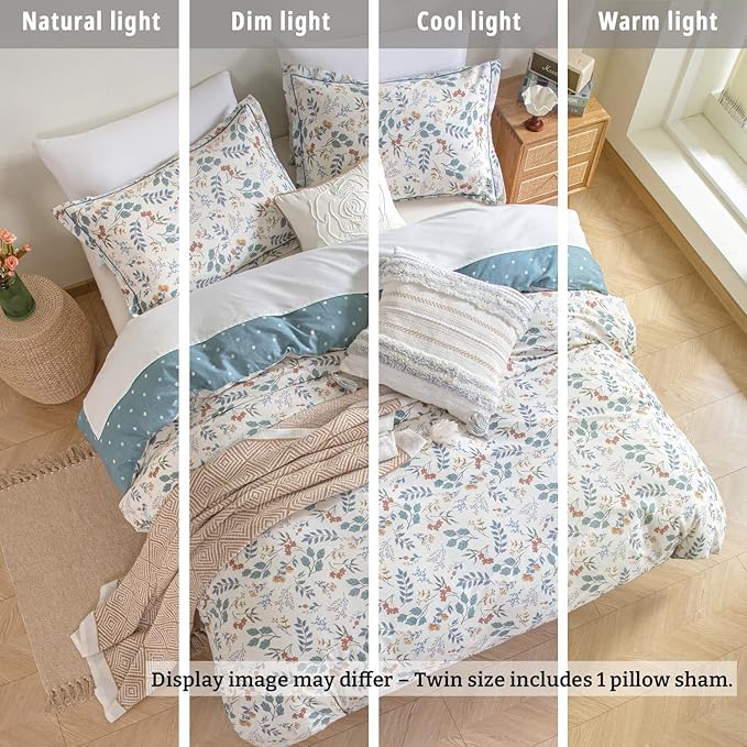 Botanical Cotton Comforter Twin Size - Lake Green Comforter with Dusky Blue & Warm Rust Leaves on Ivory,Reversible Lightweight Bedding Sets 2Pcs(Polka Dot,68"×90")