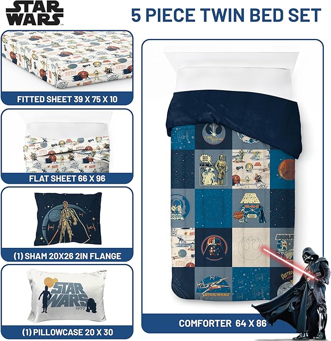 Jay Franco Kids Comforter Set Includes Sheets and Pillow Covers - Soft and Cozy Bed Set for Stylish Room Decor, Blue - Star Wars 01, 5 Piece Twin Bedding