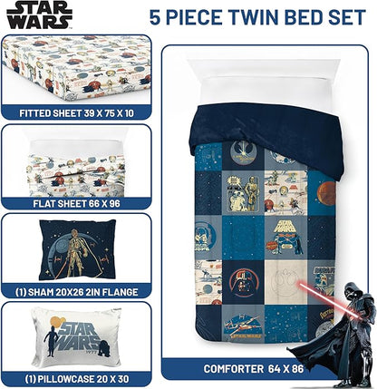 Jay Franco Kids Comforter Set Includes Sheets and Pillow Covers - Soft and Cozy Bed Set for Stylish Room Decor, Blue - Star Wars 01, 5 Piece Twin Bedding