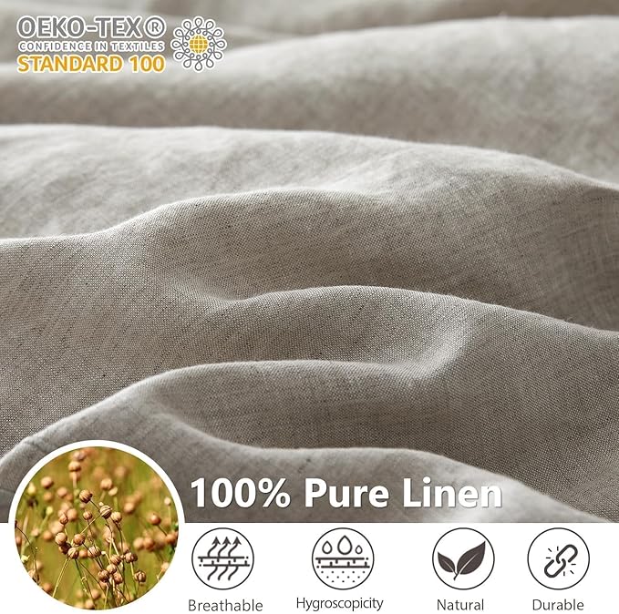 Simple&Opulence 100% Washed Linen Duvet Cover Set 88"x92" - 3 Pieces Soft Farmhouse Comforter Set Double Embroidered with Button Closure - 1 Duvet Cover and 2 Pillowshams (Linen, Queen)