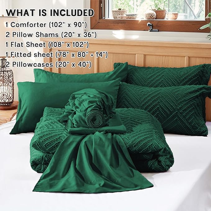Zzlpp King Comforter Set 7 pieces, Emerald Green Tufted Bed in a Bag with Comforter and Sheets, All Season Boho Bedding Sets with Comforter, 2 Pillow Shams, 2 Pillowcases, 1 Flat Sheet, 1 Fitted Sheet