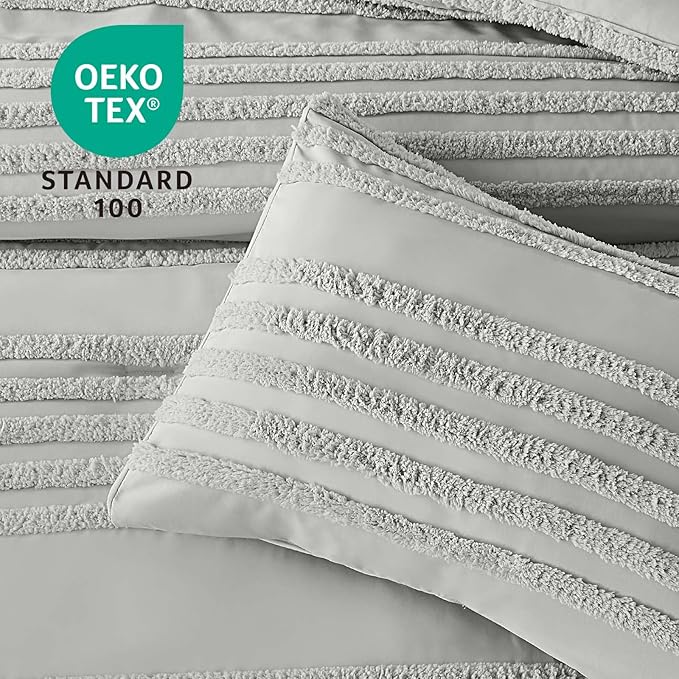 BEDELITE Boho King Size Comforter Set - Light Grey Tufted Striped Bed Set 3 Pieces, Soft Vintage Farmhouse Comforter for All Seasons, Boho Home Decor,Fluffy Jacquard Bedding with Pillow Sham