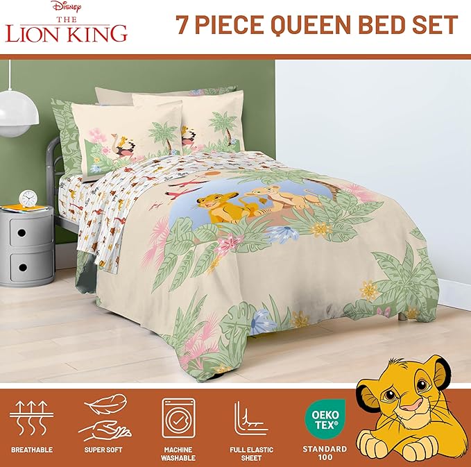 Jay Franco Kids Comforter Set Includes Sheets and Pillow Covers - Soft and Cozy Bed Set for Stylish Room Decor, Multi - Lion King, 7 Piece Queen Size Bedding