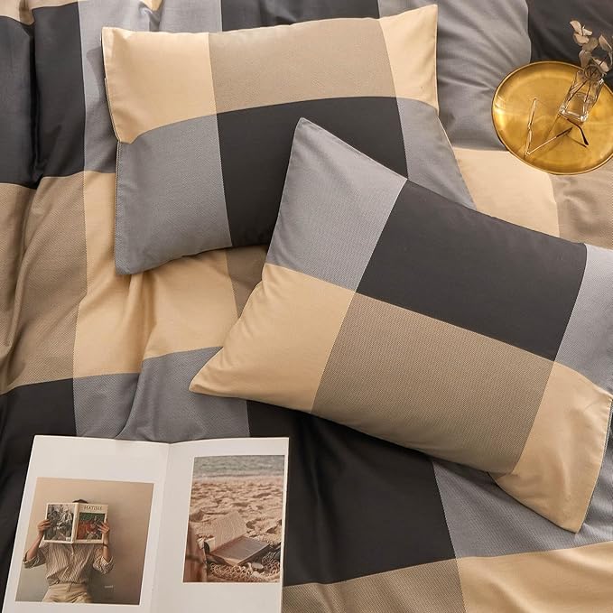 EAVD Twin XL Comforter Set Boys Beige Khaki Black Grid Plaid Comforter Set Soft Microfiber Modern Checkered Bedding Set with 2 Pillowcases Reversible Geometric Comforter Set for All-Season