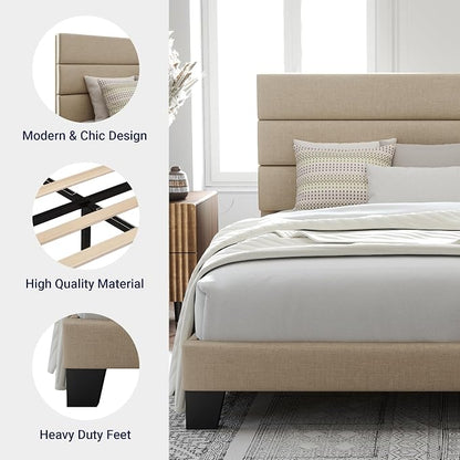Allewie Full Size Platform Bed Frame with Fabric Upholstered Headboard | Wooden Slats Support, Fully Upholstered Mattress Foundation, No Box Spring Needed, Easy Assembly, Noise-Free, Beige